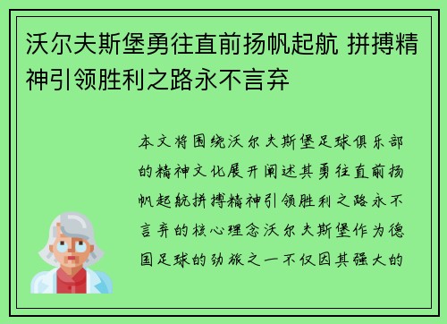 沃尔夫斯堡勇往直前扬帆起航 拼搏精神引领胜利之路永不言弃