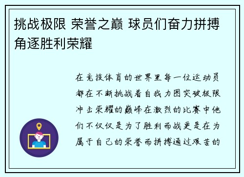 挑战极限 荣誉之巅 球员们奋力拼搏角逐胜利荣耀