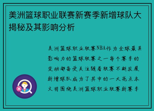 美洲篮球职业联赛新赛季新增球队大揭秘及其影响分析