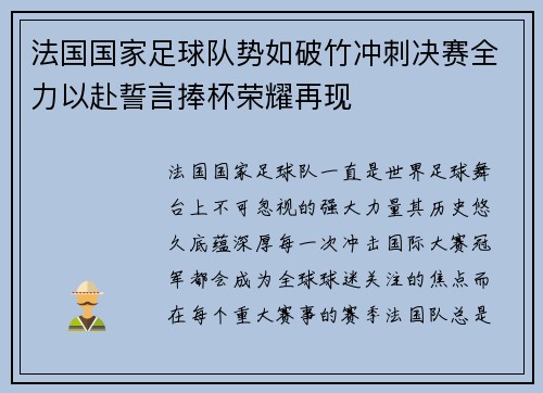 法国国家足球队势如破竹冲刺决赛全力以赴誓言捧杯荣耀再现