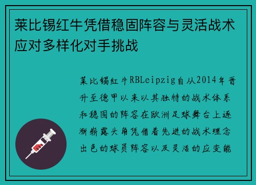 莱比锡红牛凭借稳固阵容与灵活战术应对多样化对手挑战